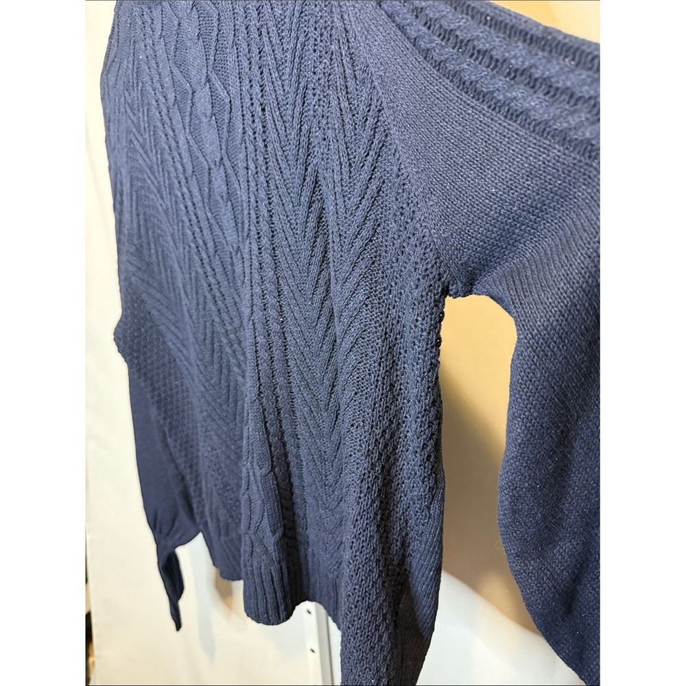 Navy Blue Cable Knit Mock Neck Balloon Sleeve Sweater Large Cotton Blend - Picture 6 of 6